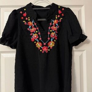 Black Embroidered Floral Blouse Size S